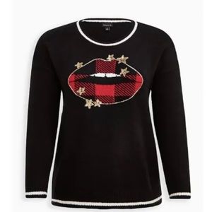 NEW TORRID 1X Crew Pullover Sweater  Star Lips Black Red Plaid Gold Sequins PLUS